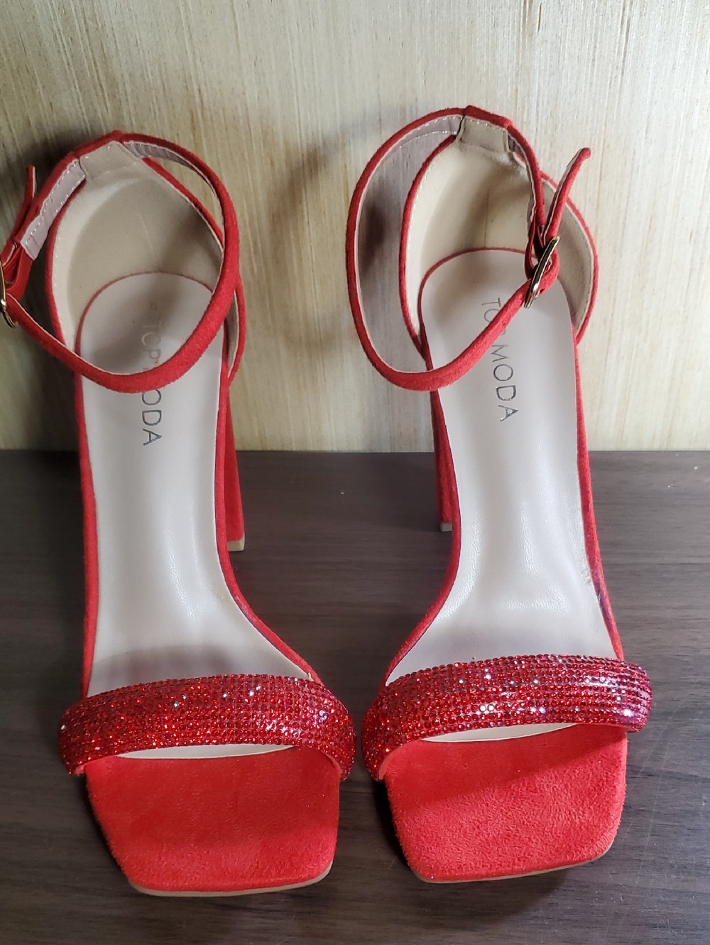 TOP Moda Red Crystal Toe-Strap Block Heels